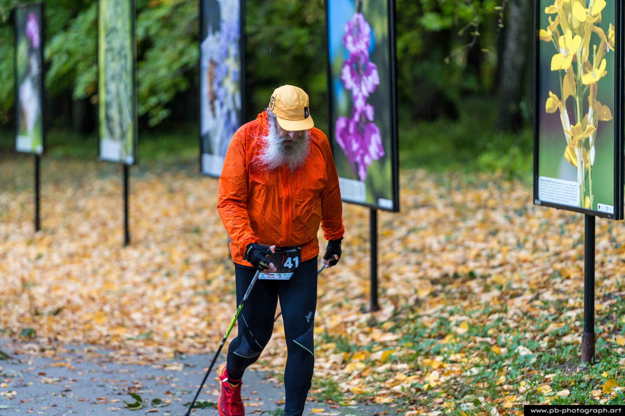 Nordic walker w pomarańczowej kurtce idzie aleją usłaną jesiennymi liśćmi